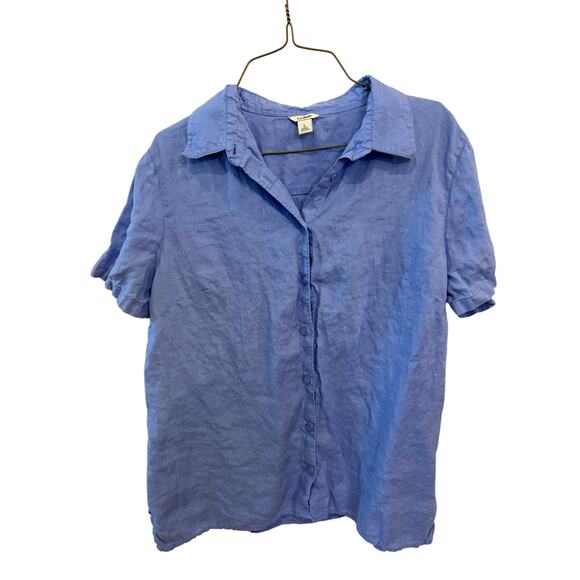 LL BEAN Womens 100% Linen Short Sleeeve Button Up Large Casual Collared - Picture 1 of 5